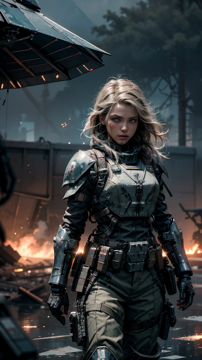 Postapocalyptic combat scene with a Beautiful hyperrealistic photograph of cute Young Swedish woman with Runic tattoos, ((dirty face Blood splattered)), (((wearing full heavy mecha armor, combat harness, Neon highlights))) Short Red Dreadlocks, combat pose, (((Holding on to the side of a combat Sci-Fi Combat helicopter))), exterior of Destroyed building, Fires, Smoke, debris, Camo netting, Ammo Boxes, Rain, Stormy, Wet, abstract beauty, near perfection, pure form, intricate detail, 8k post-production, High resolution, super Detail, trending on ArtStation, sharp focus, studio photos, intricate detail, Very detailed, By Greg Rutkowski