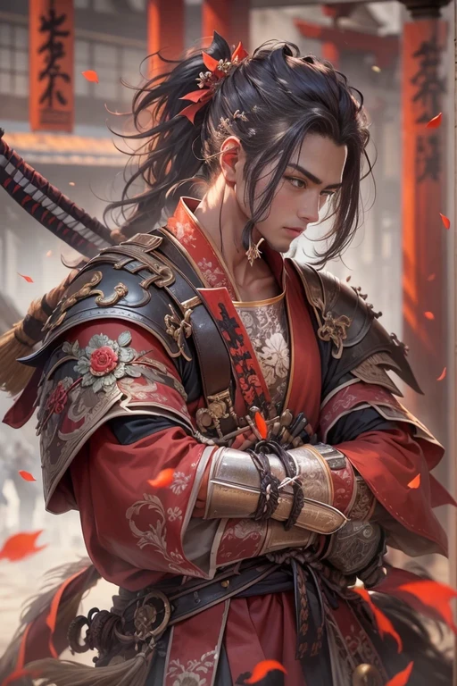 ((top quality)), ((masterpiece)), ((realistic)), (very detailed),(Upper body only),(detailed facial features)、(Sunset time)、(early evening)、(Afternoon passed by)、(Dressed up)、Twink、 no watermark signature, The background is a battlefield、fight、yore、old world, detailed background,, crazy detailed,shave, intricately detailed, ((masterpiece)), absurd, HDR, uhd, 8K, (center alignment, frame center), (sharp focus, character focus), 1men, Japanesee samurai,red armor、 Japanese、Wearing Japanese red armor,red armor、national armed forces, muscular、brave、 men, samurai、samurai