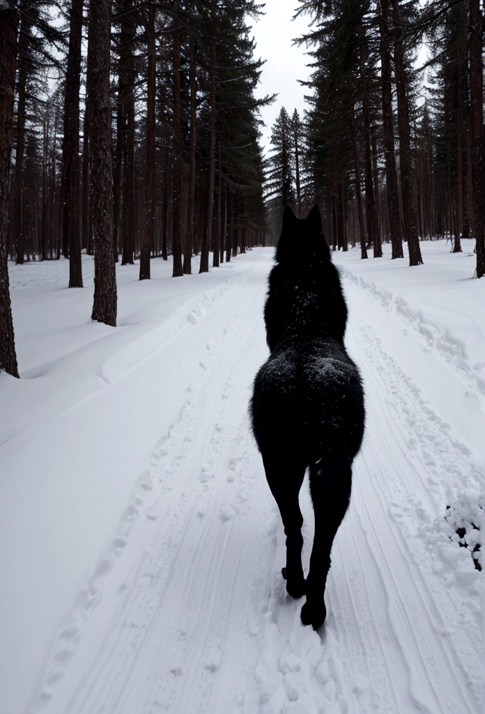 black wolf walking away, looking back, in a forest with snow 