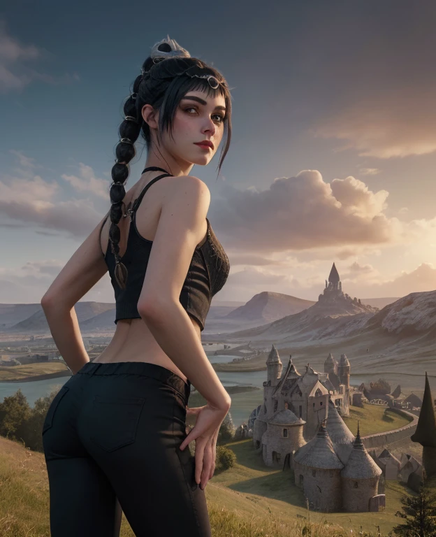 (masterpiece, best quality), 1girl, shadowheart, black hair, braided ponytail, green eyes, circlet, black pants, closeup, sketch, looking at viewer, ((green eyes)),(fantasy village on background),