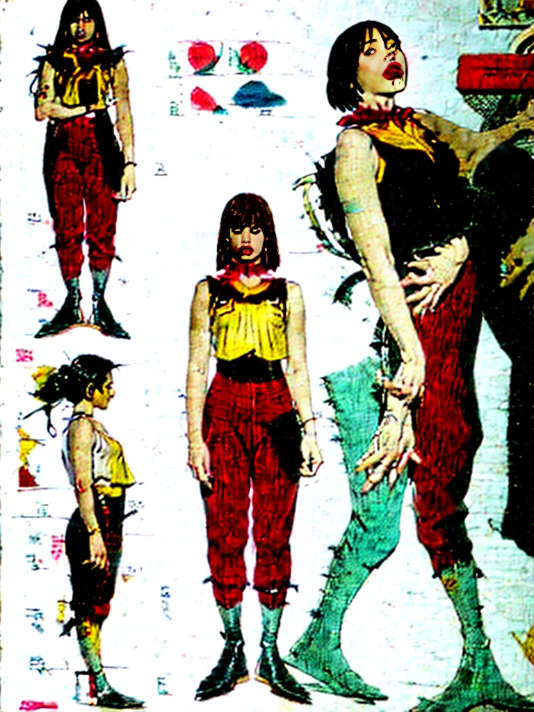Detailed character sheet, Front view, Side view, Diagonal view, with a white returnground, show women, 30 years old, with short dark brown hair combed return, Wearing light pastelgoth clothing, Wearing tight leggings. The seat includes different angles, Front etc., return, and Side views, Model sheets and reference sheets, Full-body painting. Proportions are based on a 7.5 head scale.