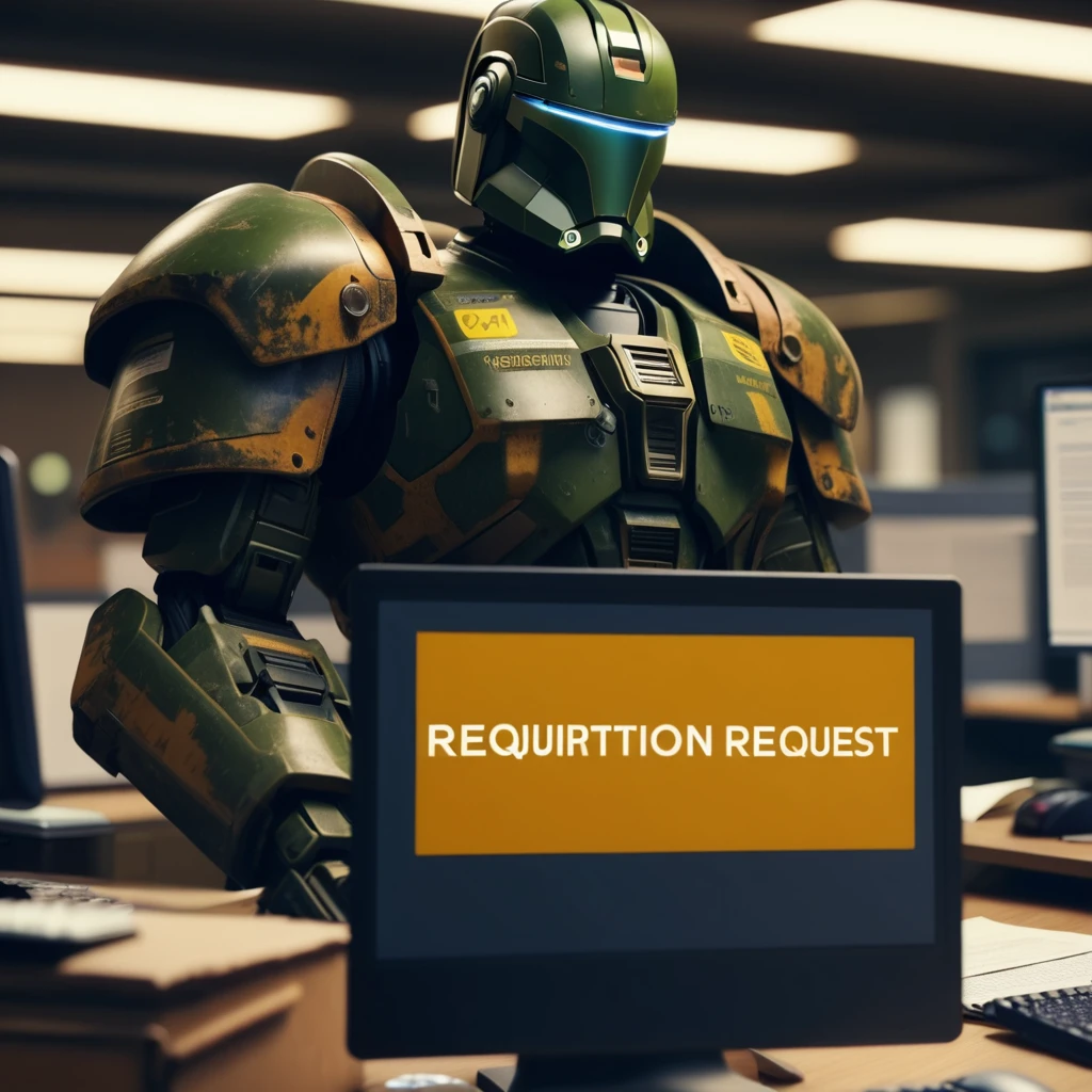 close up single massive form that has "Requisition Request" on it at the top. dark cluttered Office environment.