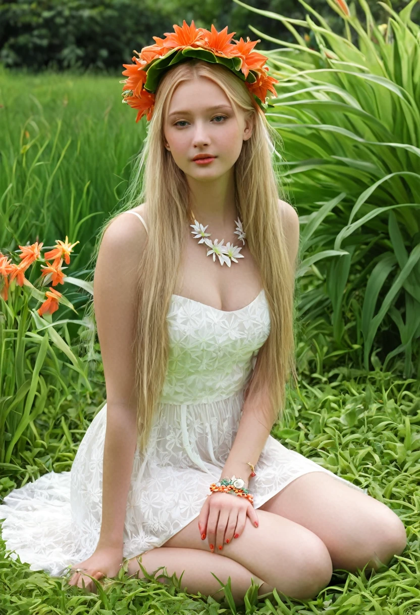 1girl, berry, blonde hair, bouquet, bracelet, coral, daisy, dandelion, dress, flower, grass, head wreath, holding flower, jewelry, leaf, lily (flower), lily pad, lips, long hair, lotus, nature, necklace, orange flower, plant, potted plant, realistic, sitting, solo, spider lily, sunflower, white flower, wreath, yellow flower