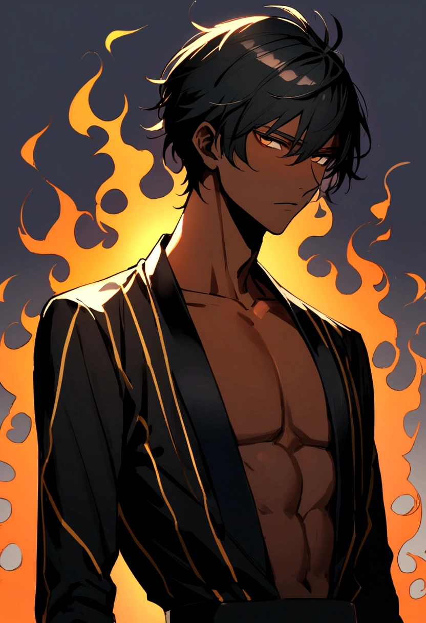 male 1,75 tall, defined body, long wavy black hair, dark skin