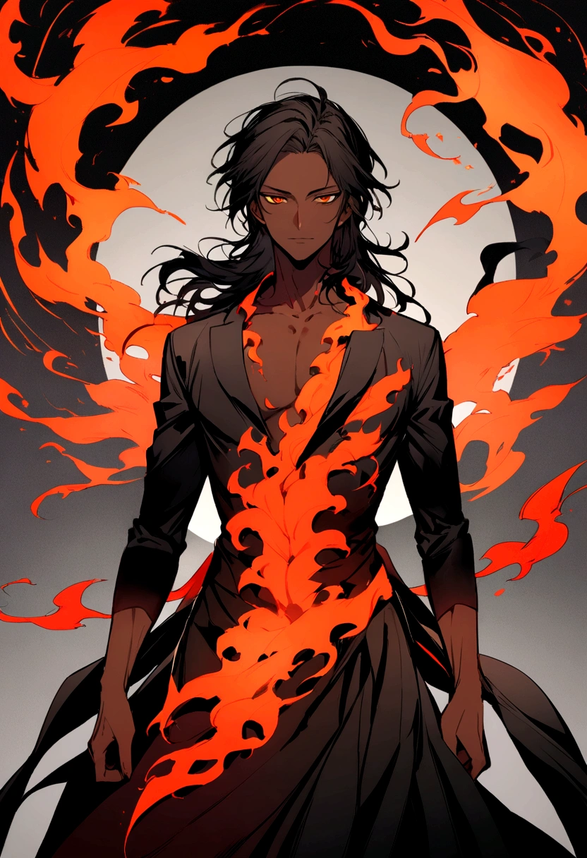 male 1,75 tall, defined body, long wavy black hair, dark skin