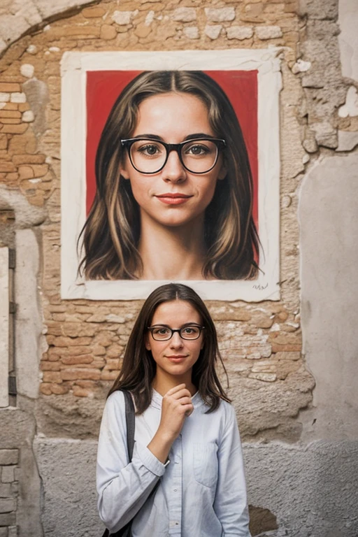 Can you generate an image of a street in Italy and there is a girl with glasses who is looking at a portrait of herself painted on a wall?. That the girl has a camera in her hands