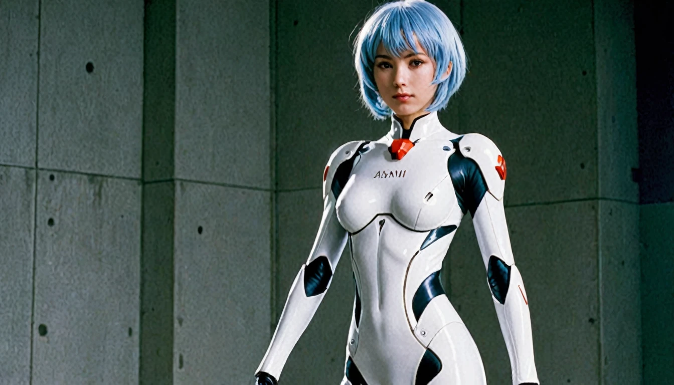 Rei Ayanami from Neon Genesis Evangelion, Beautiful Japanese Teenager, White suit, Real Girls, She&#39;s in a super futuristic military hangar, masterpiece, Super detailed, Realistic, Cinema Lighting 