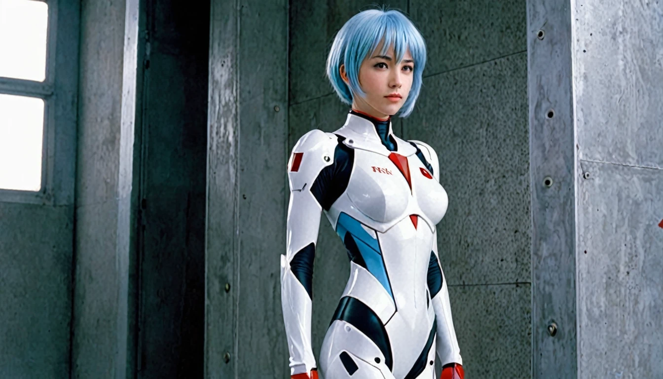 Rei Ayanami from Neon Genesis Evangelion, Beautiful Japanese Teenager, White suit, Real Girls, She&#39;s in a super futuristic military hangar, masterpiece, Super detailed, Realistic, Cinema Lighting 