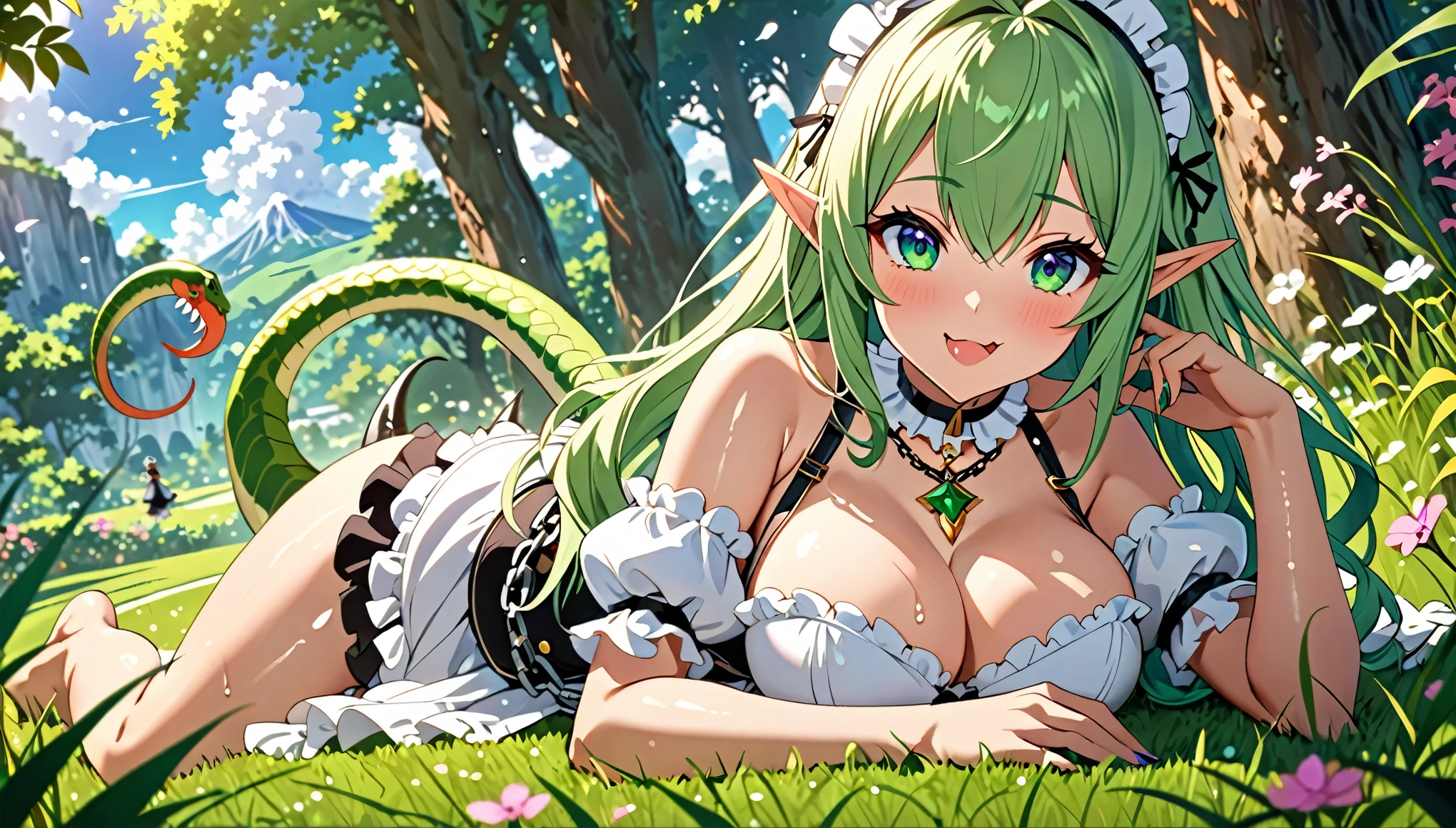 Anime-style, highly detailed, 4K quality, beautiful green-haired elf girl, lying on grass, blue sky, white fluffy clouds, vibrant summer day, outdoor fantasy setting, long flowing hair, emerald green eyes, intricate white outfit, delicate collar necklace with pendant, warm smile, playful pose, relaxing in a picturesque meadow, gentle sunlight, detailed background, lush greenery, serene atmosphere, soft shadows, intricate character design, realistic textures, high-definition, artistic, vibrant colors, captivating composition, stunning visual quality, Create an anime-style illustration of a bedroom scene with two characters. The first character is a female humanoid demon girl with a mix of human and dinosaur features, including scales, claws, and a tail. She has blonde hair with spiky tips and purple eyes, and she is wearing a pink bikini. Her tongue is extended, and she appears playful. The second character is a surprised young man with teal hair, lying on a bed, looking up at the demon girl. The room is bright and well-lit, with a window in the background letting in sunlight. Emphasize the humorous and light-hearted interaction between the two characters. body on big chain, smile, blue eyes, no nails, pink blushes, lying on grass, very big breast, cleavage, wet breast, leg_up, lot of iron chains, anime girl leans forward, looking at viewer, slave collar necklace seductive anime girl, 8k octae render photo, cushart krenz key art feminine, 8k high quality detailed art, a sexy maid in a magical forest, anime girl with big breast laying on a bed in a room, anime goddess, seductive anime girl, ahegao, beautiful alluring anime woman, extremely detailed artgerm, trending on cgstation, white haired deity, oppai, from the azur lane videogame, 8k high quality detailed art, 8k anime, | fine detail anime, smooth anime cg art