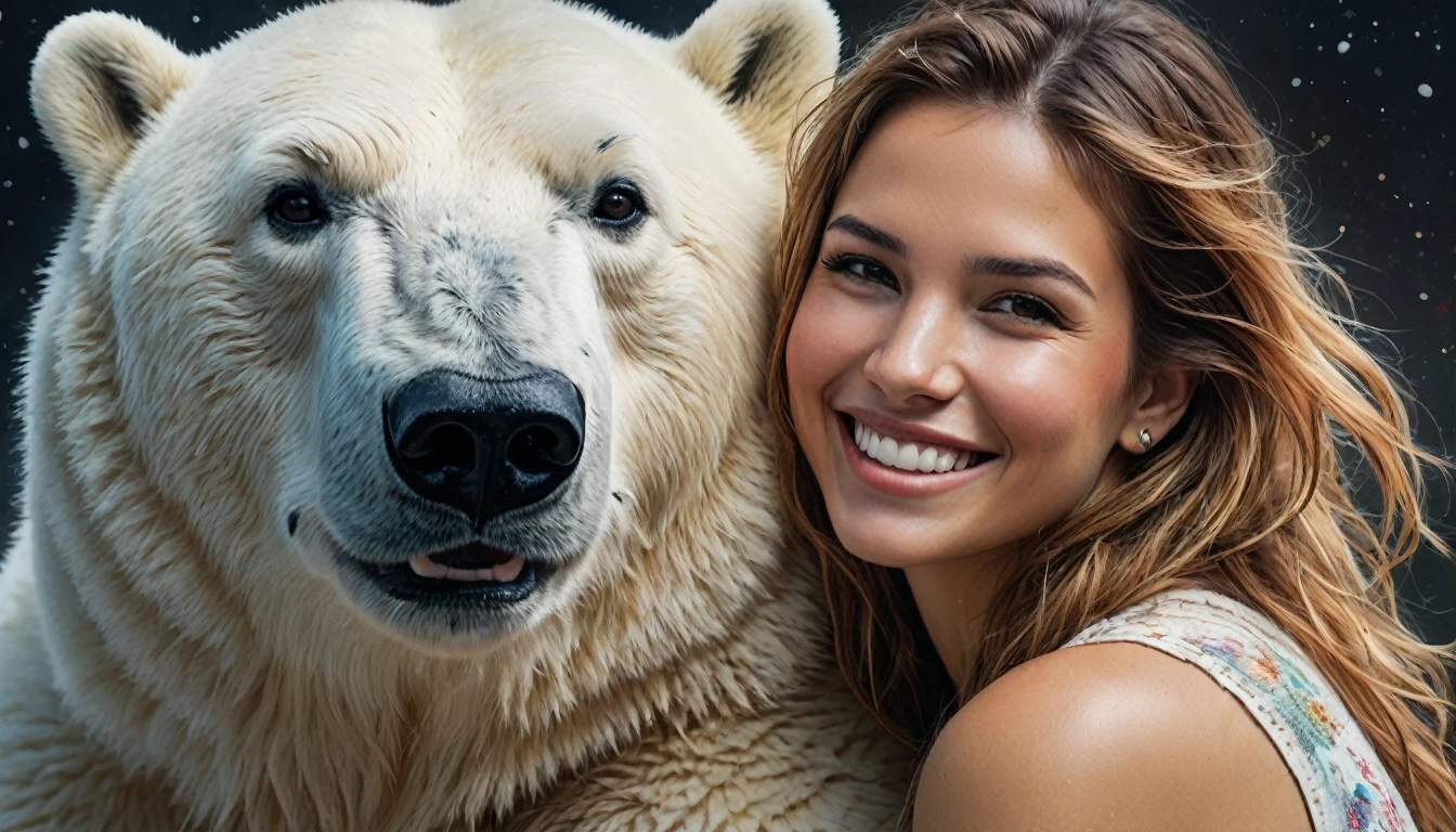 half  body,
a woman smile  with her best friend her Polar Bear,
dark complex background, style by Thomas Kinkade+David A. Hardy+Carne Griffiths+Mandy Disher half vivid colors fine art, best quality, high detailed, detailed faces, 2d,