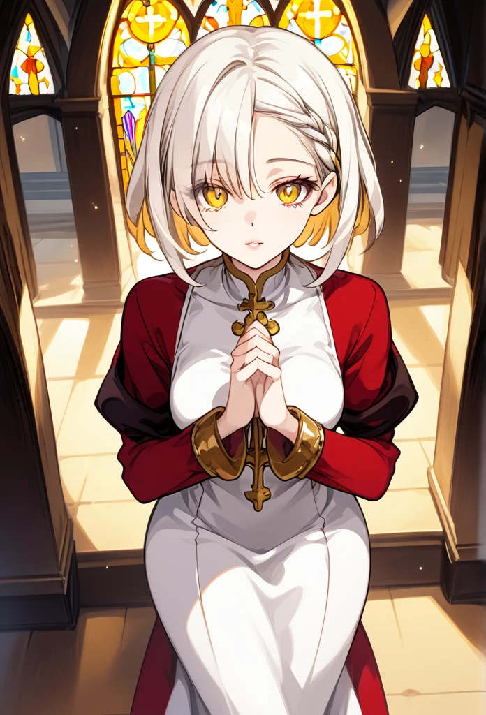 Mature woman, mature face, gentle face, glossy lips, golden eye color, golden eyes, gentle eyes, (braid hairstyle, bob hair, white hair, yellow gradient hair color, glossy hair), slender body, medium breast, thick thighs, saintess clothes, church, praying pose, view from above, front view