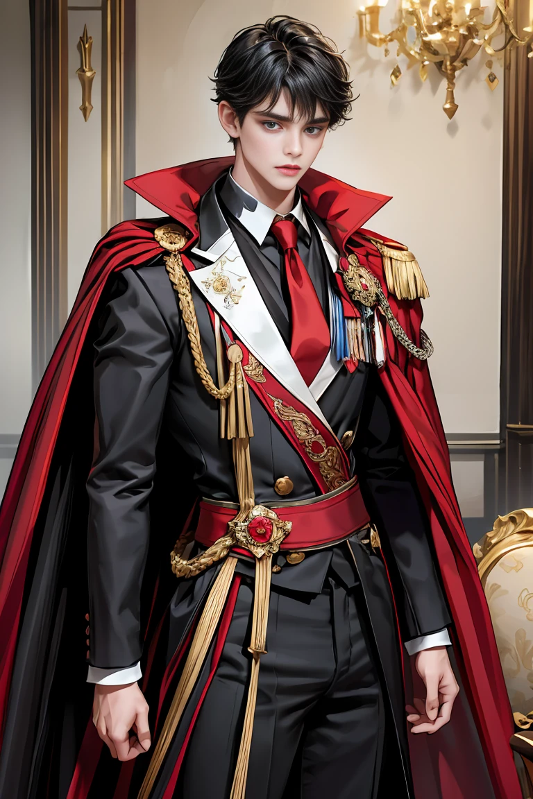 
masterpiece, 最high quality, high quality, 1 boy, alone, Male focus, Watching the audience,  Messy black hair, Adorable big blue eyes, White people, Noble, Noble,Sexy voluminous black and red cape、Tuxedo、A very voluminous, large, very large, very large, long, long red and black cape with a high stand-up collar, reaching down to the floor, made of a lot of fabric., 17 years old,Cute beautiful boys,Cute, cute, kind, handsome guy