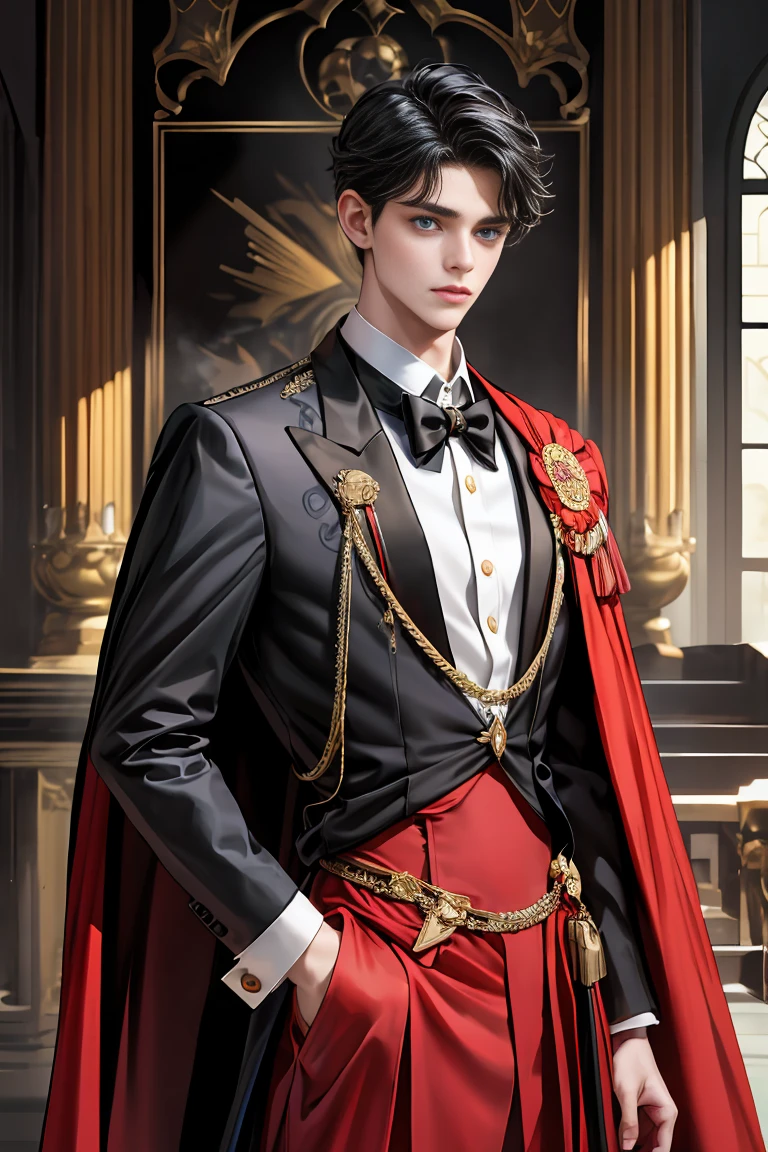 masterpiece, 最high quality, high quality, 1 boy, alone, Male focus, Watching the audience, Messy black hair, Adorable big blue eyes, White people, Noble, Noble,Sexy voluminous black and red cape、Tuxedo、A very voluminous, large, very large, very large, long, long red and black cape with a high stand-up collar, reaching down to the floor, made of a lot of fabric., ,Cute beautiful boys,Cute, cute, kind, handsome guy