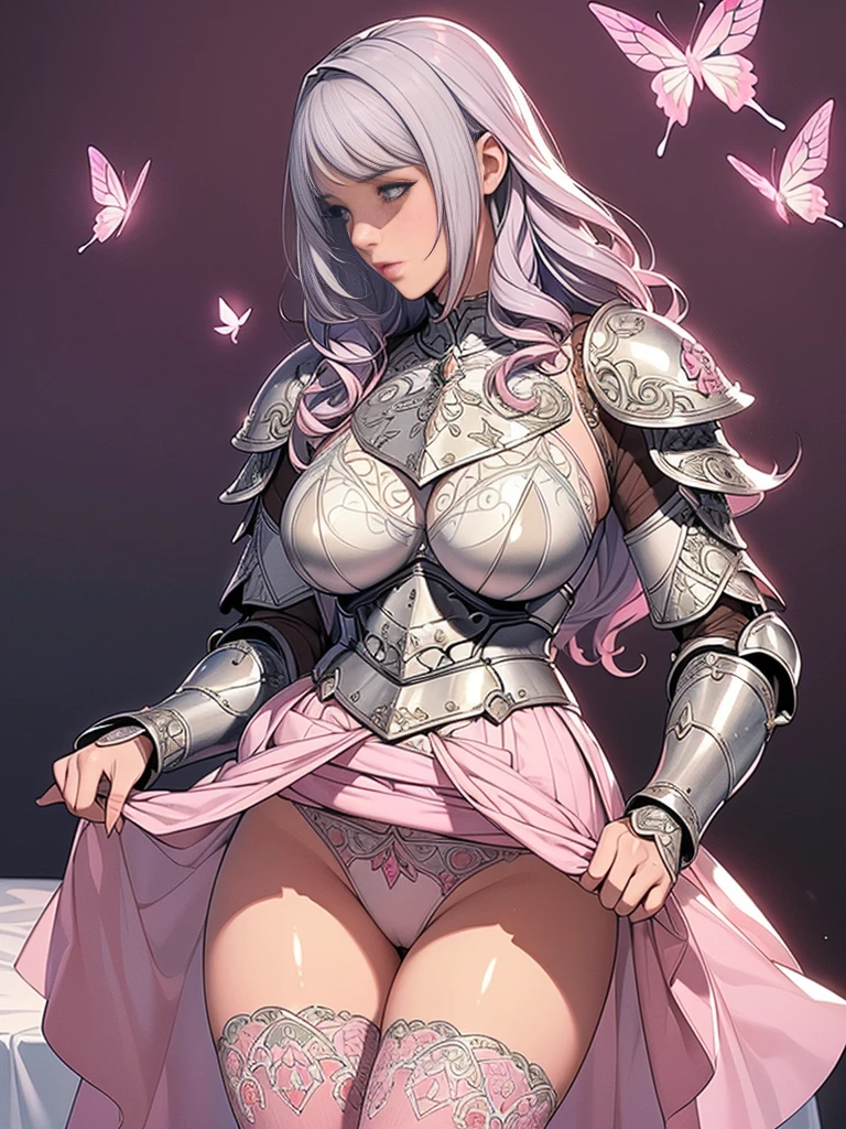 {best quality}, {very aesthetic}, {ultra-detailed}, {best illustration}, masterpiece,(((skirt lift:1.5))),((show off white color butterfly see through panties)),garter belt:1.5,((Holy Knight)), Smooth breastplate, ((Armor made from pink r:1.5))、((((Extremely detailed and intricately decorated armour:1.1)))),Red Cowboy Shot,Smooth udder、Big Tits、(Golden Ratio,Tabletop, Highest quality, Highest quality, Official Art, beautifully、beautiful:1.2), Very detailed, colorful,Best details,An illustration, Great scene, (Adult,19 years old,One Girl, alone, Final Fantasy 12,Asheria:1.5, Asheria:1.5, Asheria:1.5, Curly Hair, Long Hair,Silver Hair:1.2,Asheria Costume:1.5, Asheria Costume:1.5, mini skirt,Knee socks, Thighs Thighs Thighs Thighs, gem, Blue Belt,Belt number 1),Course of action, A look of contempt ,low angle, underneath:1.5,