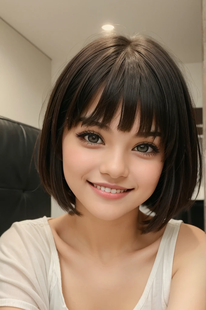 A cute girl with a cute smile and have bangs and short hair with attraction eyes with eyeliner and she is focusing on the camera