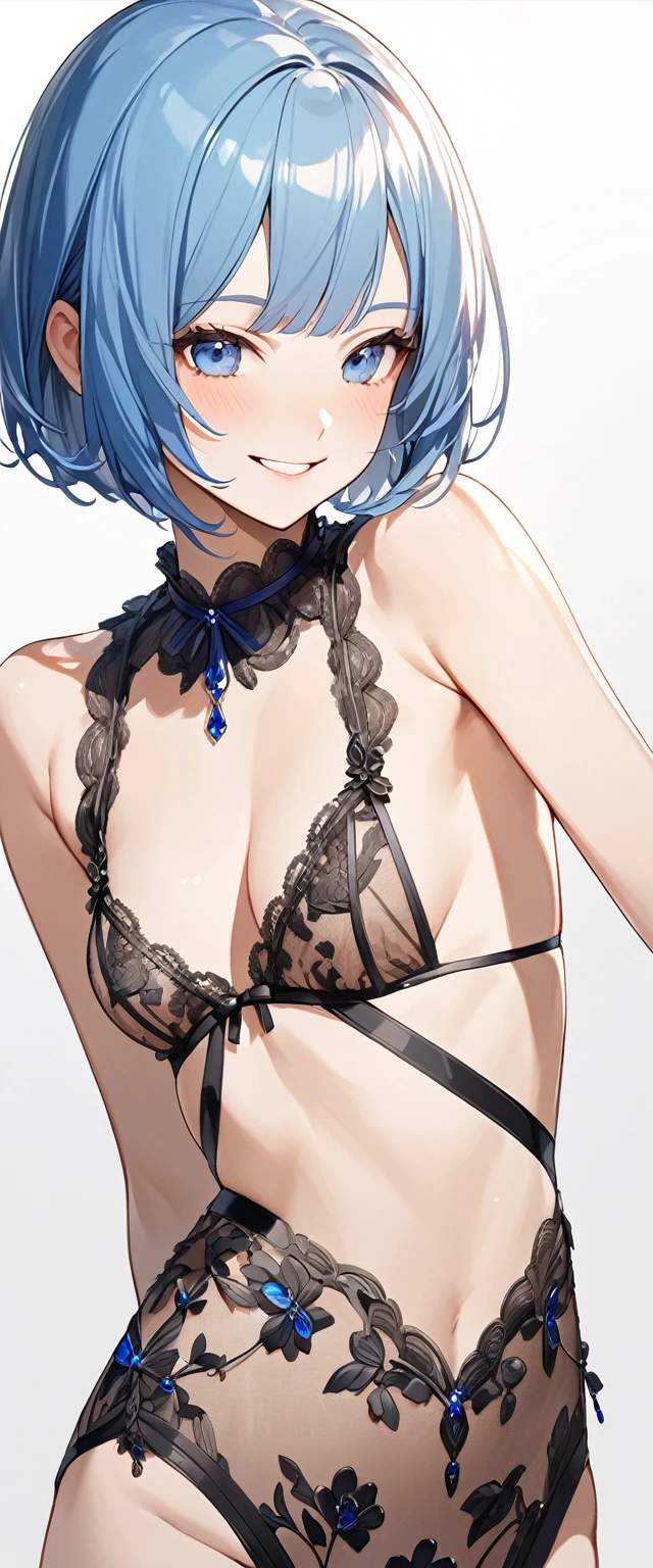 (Highest qualityのイラスト:1.2), (whole body:1.3), ((Simple Background)), ((White background))、(1 girl、、Highest qualityのイラスト:1.2), (1 girl、cute、smile、)、Bright blue hair、Short Bob Hair、(Highest quality、Very detailed、Very detailed and beautiful、Ultra-high resolution) 、Lingerie、