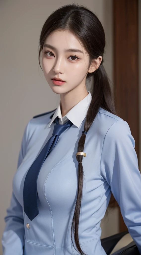 1 person only, 8K RAW photos, 22-year-old Korean model ,167cm, slim body , perfect breasts ,fair skin, soft body, masterpiece stewardess uniform, eyes beautiful in detail, beautiful double eyelids, slit eyes, long ponytails,  stewardess 