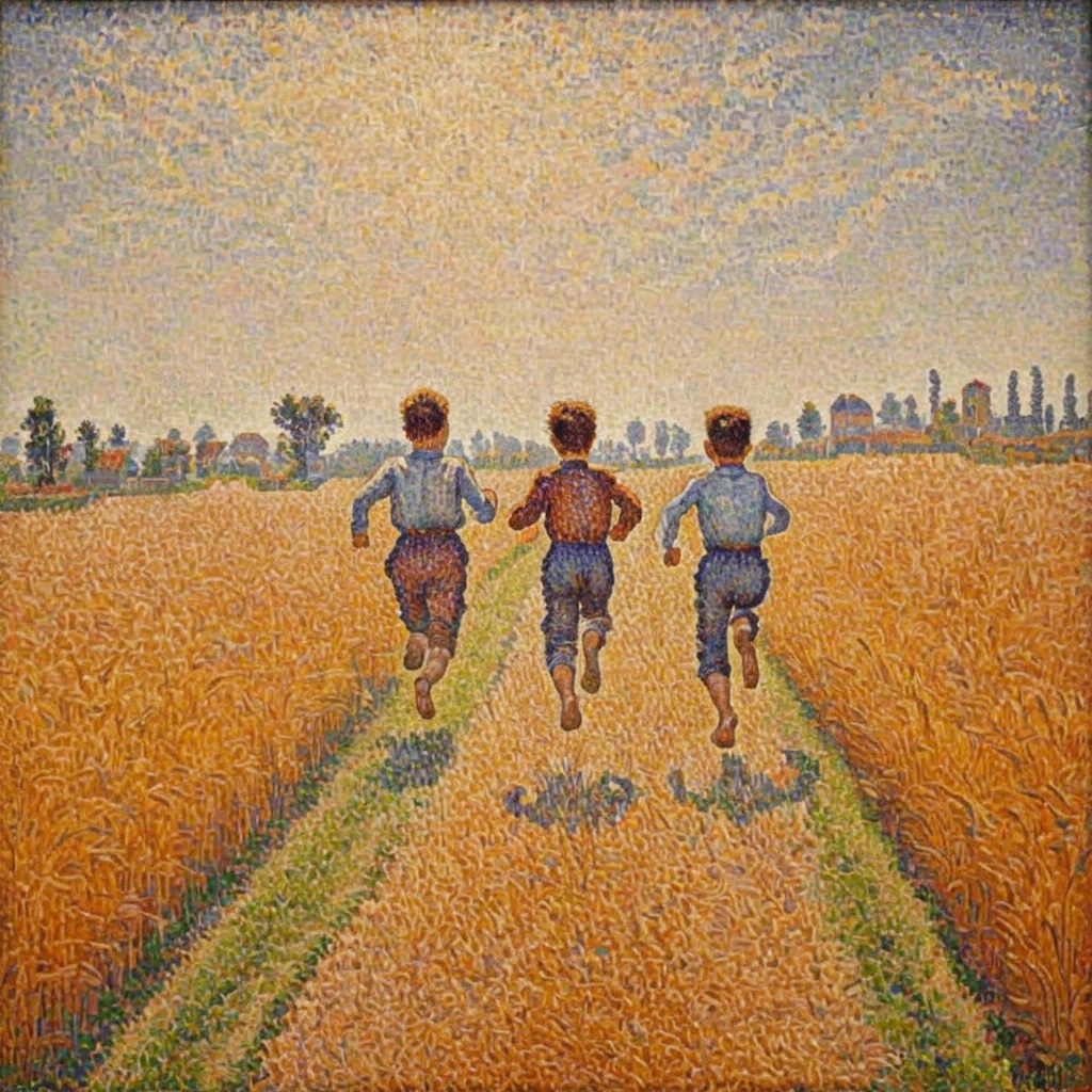 Two kids running through a tall wheat field, down view AH_Signac «lora:Paul_Signac_Neo-Impressionist_dotted_paintings_Pointillism:1>
