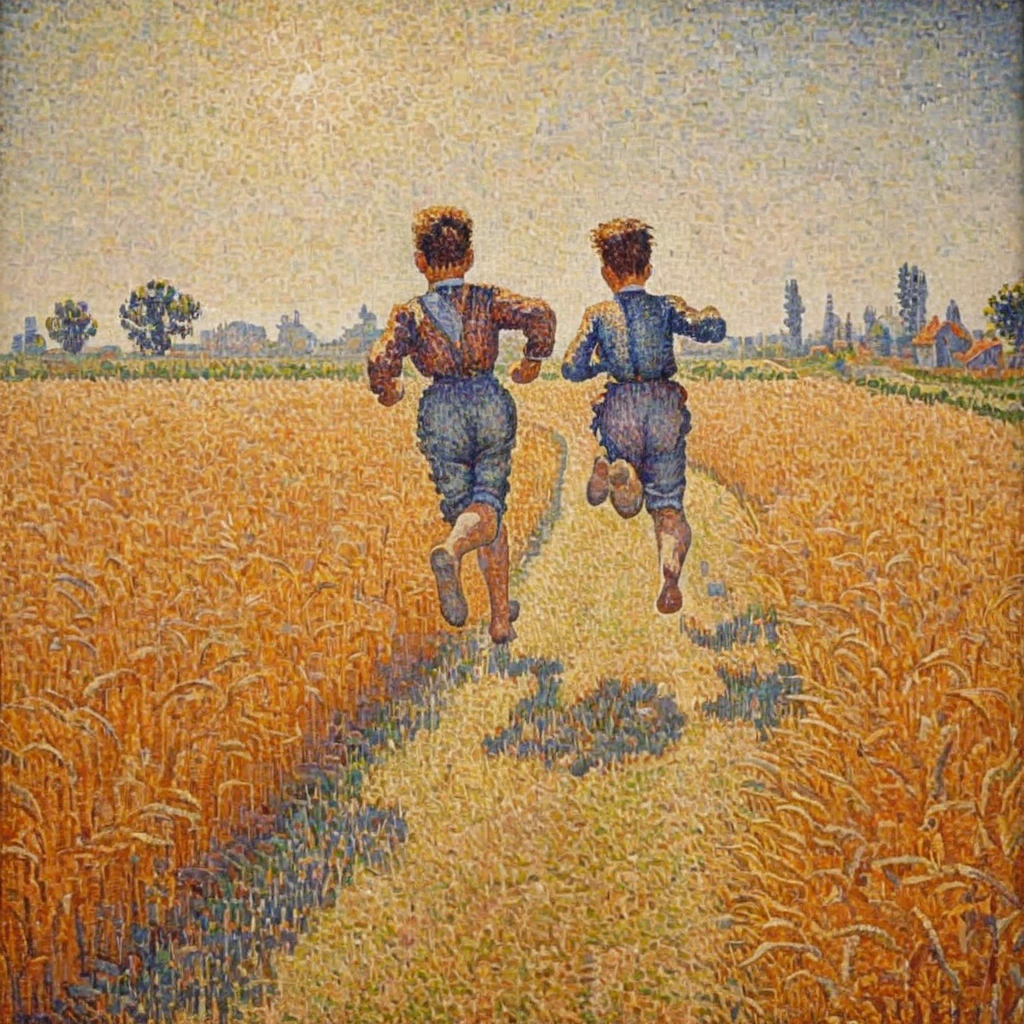 Two kids running through a tall wheat field, down view AH_Signac «lora:Paul_Signac_Neo-Impressionist_dotted_paintings_Pointillism:1>