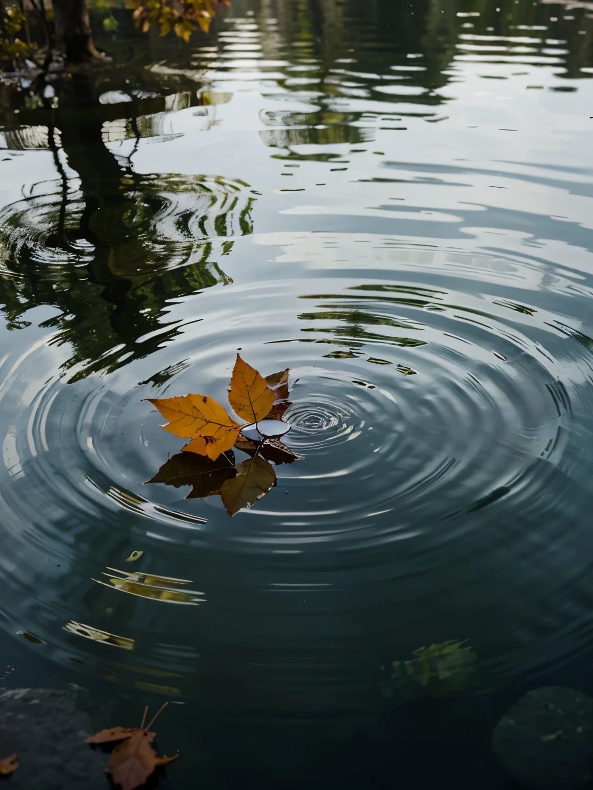 A minimalistic, nature-inspired image of a single autumn leaf floating on a calm, reflective pond. The water is clear, with gentle ripples spreading out from the leaf. The background is simple, with soft, muted tones of green and brown from the surrounding trees reflected in the water. This peaceful scene represents the feeling of redundancy at work, with the lone leaf symbolizing isolation and contemplation.