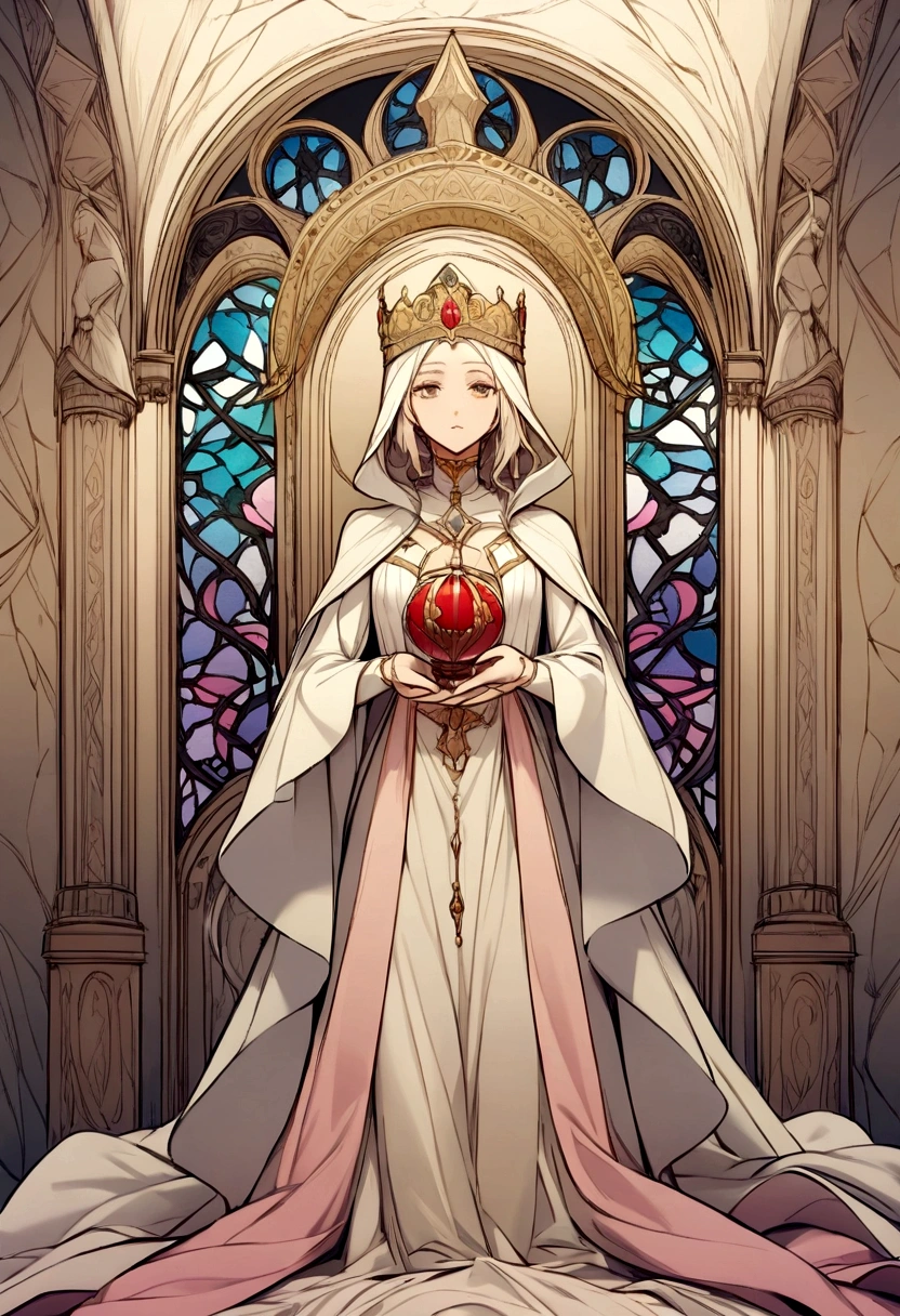 would like to create a simplified drawing of holy mathilde on a simple style. Please use the
divine attributes of the goddess like :  
represents certain of her attributes: a purse in her hands, an altar before which she is devoutly kneeling, a small sacred building placed on her hand, children surrounding her or a crown which are all attributes by means of which she is can recognize.
 If possible, the face of the goddess should not be shown. an oval of flesh, or hidden in the shadow of a hood.in an image reminiscent of a stained glass window