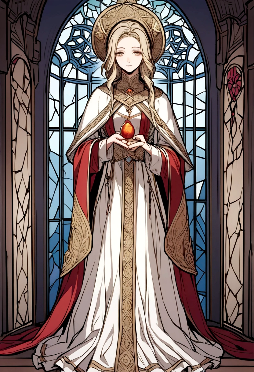 would like to create a simplified drawing of holy mathilde on a simple style. Please use the
divine attributes of the goddess like :
represents certain of her attributes: a purse in her hands, an altar before which she is devoutly kneeling, a small sacred building placed on her hand, children surrounding her or a crown which are all attributes by means of which she is can recognize.
If possible, the face of the goddess should not be shown. an oval of flesh, or hidden in the shadow of a hood.in an image reminiscent of a stained glass window