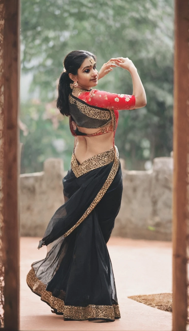 A indian woman, curvy, large waist, dancing, doing a thumka, wearing south indian black saree, back view, hip shake