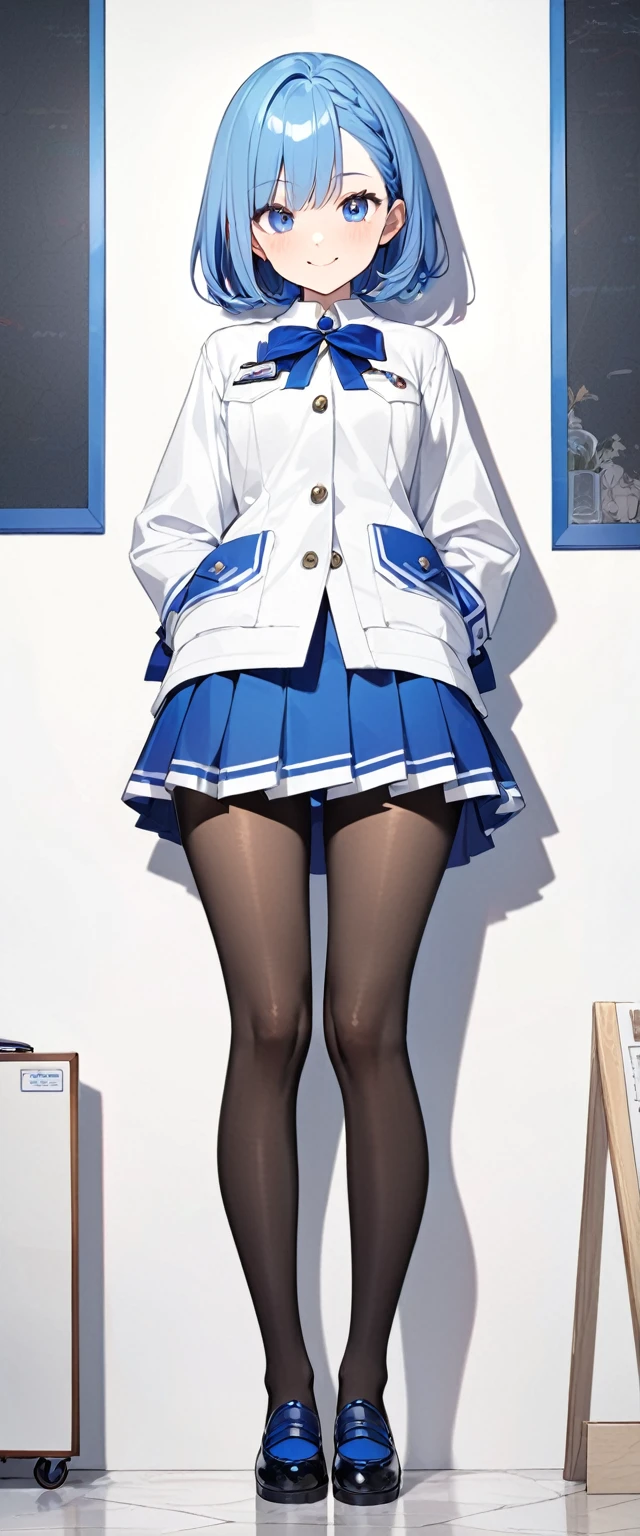 (Highest qualityのイラスト:1.2), (whole body:1.3), ((Simple Background)), ((White background))、(1 girl、、Highest qualityのイラスト:1.2), (1 girl、smile、Round eyes:1.2)、Bright blue hair、Short Bob Hair、(Highest quality、Very detailed、Very detailed and beautiful、Ultra-high resolution) 、,{Dark Blue Blazer、White shirt、Blue Ribbon、White pleated skirt、pantyhose}、Stand and pose、Medium chest