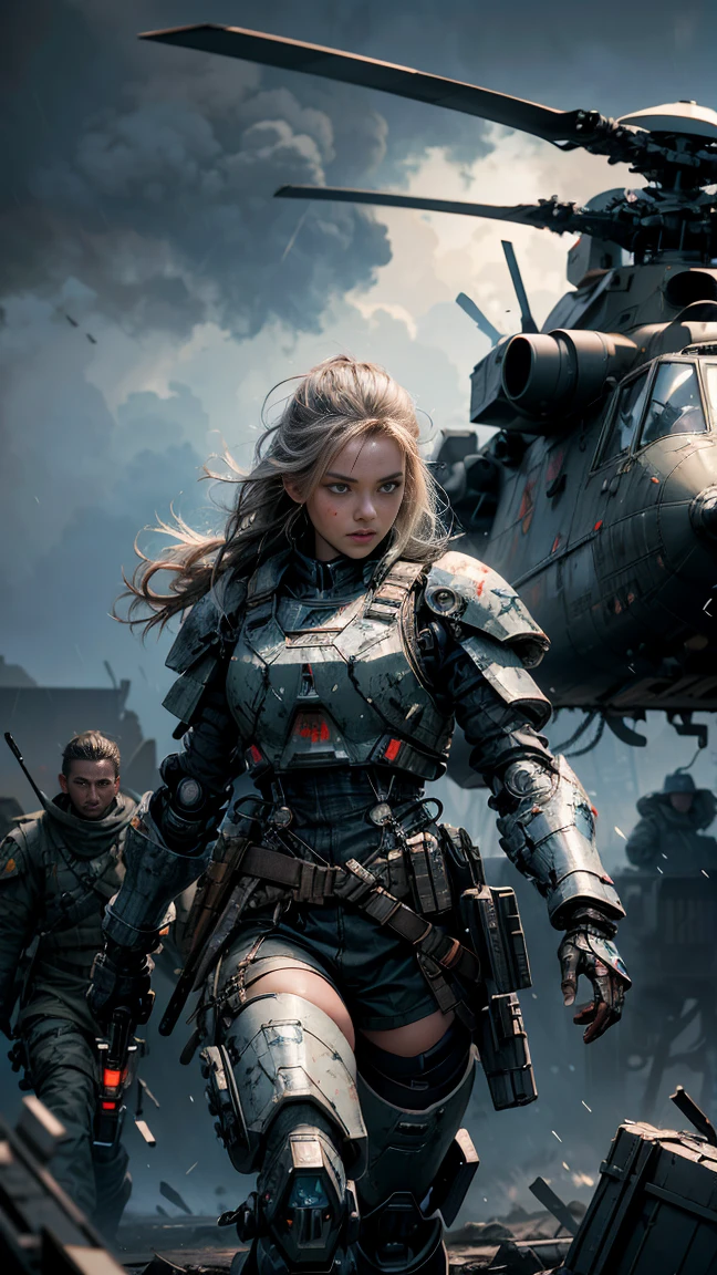 Postapocalyptic combat scene with a Beautiful hyperrealistic photograph of cute Young Swedish woman with Runic tattoos, ((dirty face Blood splattered)), (((wearing full heavy mecha armor, combat harness, Neon highlights))) Short Red Dreadlocks, combat pose, (((Holding on to the side of a combat Sci-Fi Combat helicopter))), exterior of Destroyed building, Fires, Smoke, debris, Camo netting, Ammo Boxes, Rain, Stormy, Wet, abstract beauty, near perfection, pure form, intricate detail, 8k post-production, High resolution, super Detail, trending on ArtStation, sharp focus, studio photos, intricate detail, Very detailed, By Greg Rutkowski