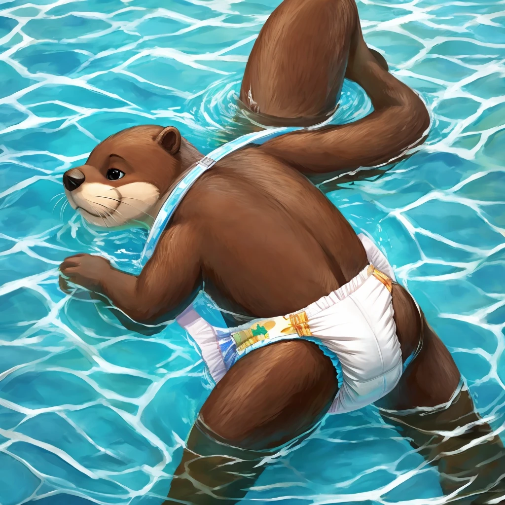 Swimming Furry otter wearing a diaper