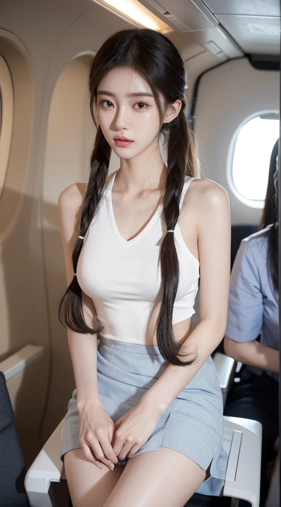 1 person only, 8K RAW photos, 22-year-old Korean model ,167cm, slim body , perfect breasts ,fair skin, soft body, masterpiece , eyes beautiful in detail, beautiful double eyelids, slit eyes, long ponytails,  stewardess 