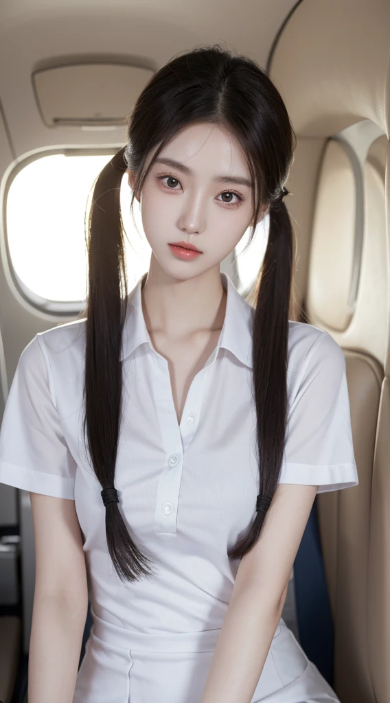 1 person only, 8K RAW photos, 22-year-old Korean model ,167cm, slim body , perfect breasts ,fair skin, soft body, masterpiece , eyes beautiful in detail, beautiful double eyelids, slit eyes, long ponytails,  stewardess 