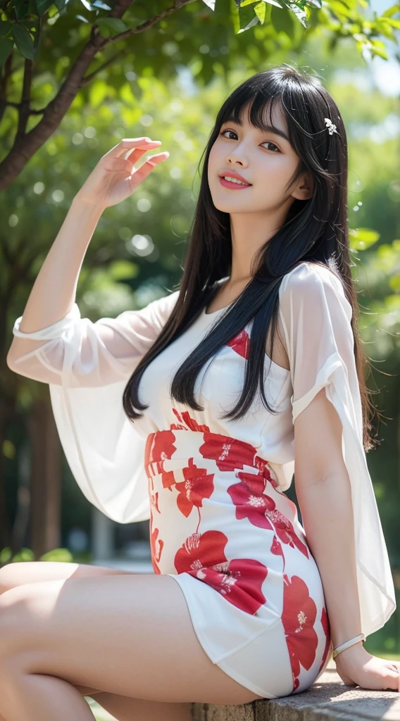 ((Best Quality, 8K, Masterpiece: 1.3)), ((3 three)) Hyperrealistic of a beautiful FILIPINA women with a black hair, fair skin, medium size of the body, beautiful smile on her face wearing a  in a color of yellow with colorful flowers background with a big name"jhane"in italic font golden colorBondage Costume (5) Upper Body (1.3), Focus Clear: 1.2, Glossy milky white Skin in the Light, Outstanding Beauty: 1.4, ((long straight  black Hair with bangs   , Colossal: 1.2)), Highly Detailed Face and  porcelain white Skin Texture,  plump body Not Too Dark Parallel Eyebrows Detailed Eyes, Double Eyelids, Smile (1.3) Natural Makeup, Walking in the Sun Through the Trees (5) wearing  ((RED )) floral red  mini dress in the park..((MILKY WHITE SKIN))