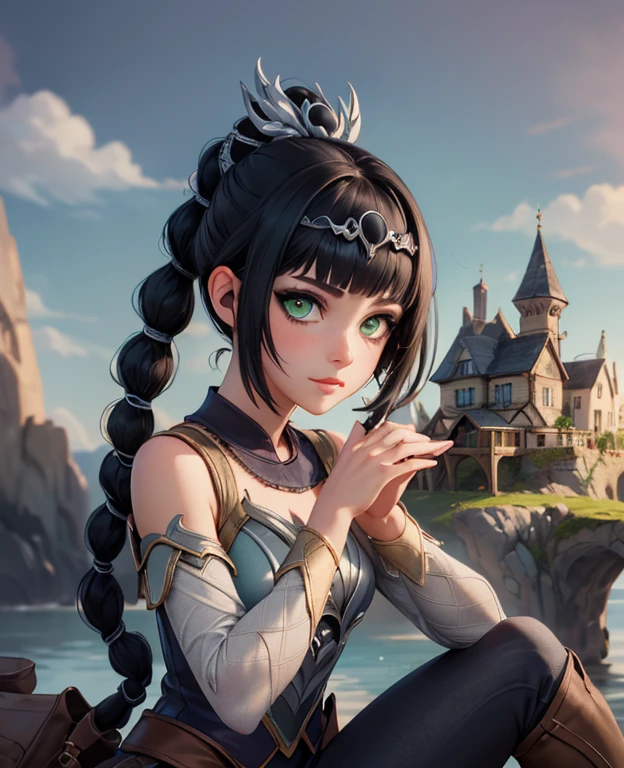 (masterpiece, best quality), 1girl, shadowheart, black hair, braided ponytail, green eyes, circlet, black pants, closeup, sketch, looking at viewer, ((green eyes)),(fantasy village on background),