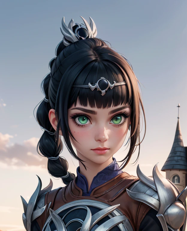 (masterpiece, best quality), 1girl, shadowheart, black hair, braided ponytail, green eyes, circlet, black pants, closeup, sketch, looking at viewer, ((green eyes)),(fantasy village on background),