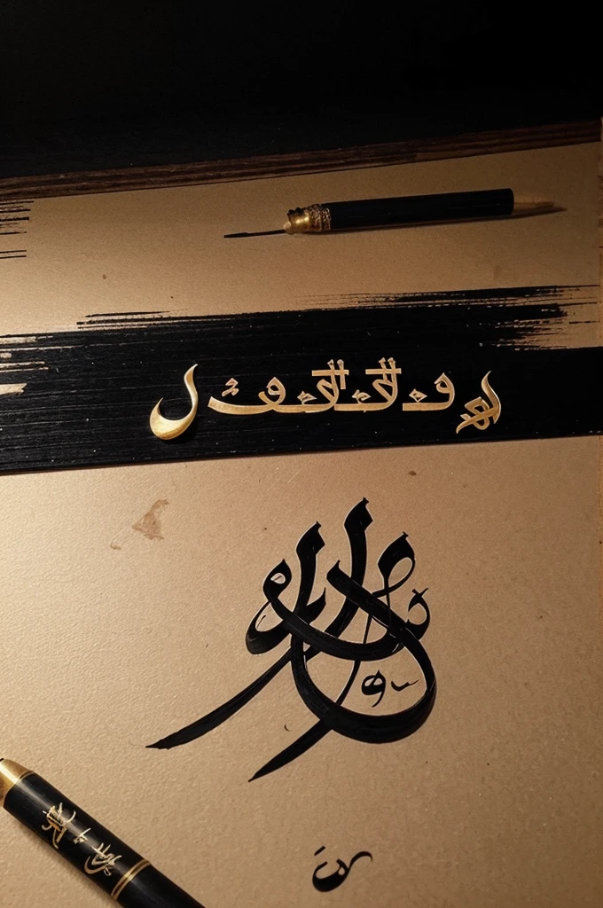writing the name محيل with naskhi style calligraphy, the background is something aesthetic, black with Arabic vibes