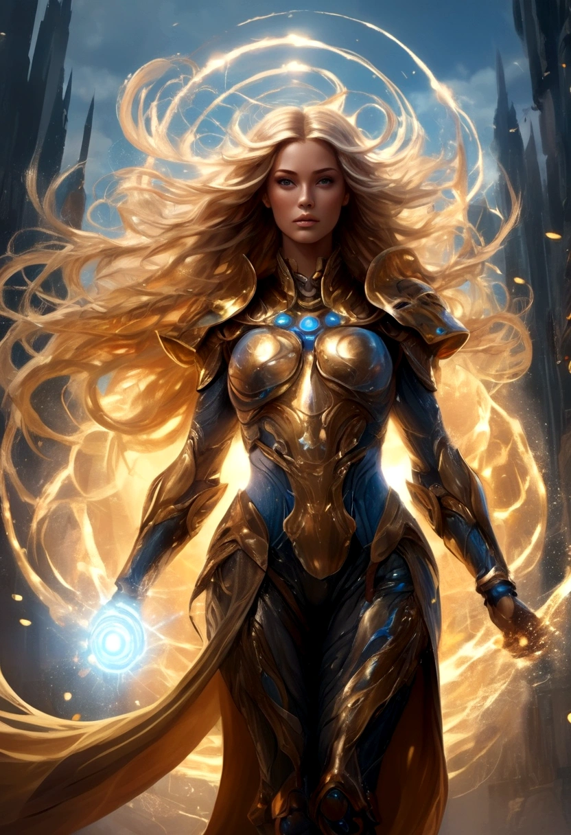 a tall lady warrior in perfect body proportion, perfect face, perfect body, futuristic royal regalia, wet cloak, very long-golden hair, blowing hair, weapon-armor, google helmet, medusa head, one hand pointing the sky, high heels, chakra-golden rays surrounded, mystical aura, ethereal, fire element, death massive-flames in background, dark moon, unreal engine, cinema art photographic, cinematic motion picture, 8k, super detailed, with cute alien productivity monster