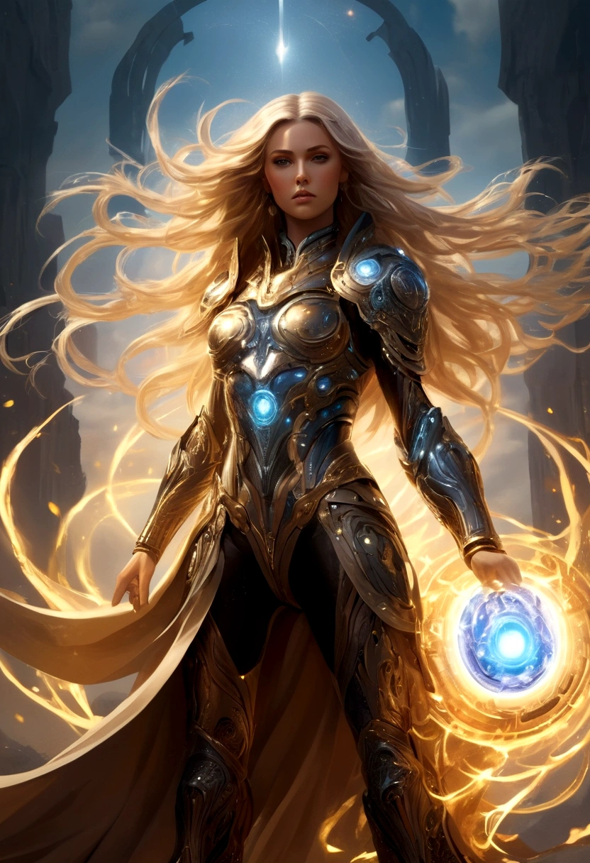 a tall lady warrior in perfect body proportion, perfect face, perfect body, futuristic royal regalia, wet cloak, very long-golden hair, blowing hair, weapon-armor, google helmet, medusa head, one hand pointing the sky, high heels, chakra-golden rays surrounded, mystical aura, ethereal, fire element, death massive-flames in background, dark moon, unreal engine, cinema art photographic, cinematic motion picture, 8k, super detailed, with cute alien productivity monster