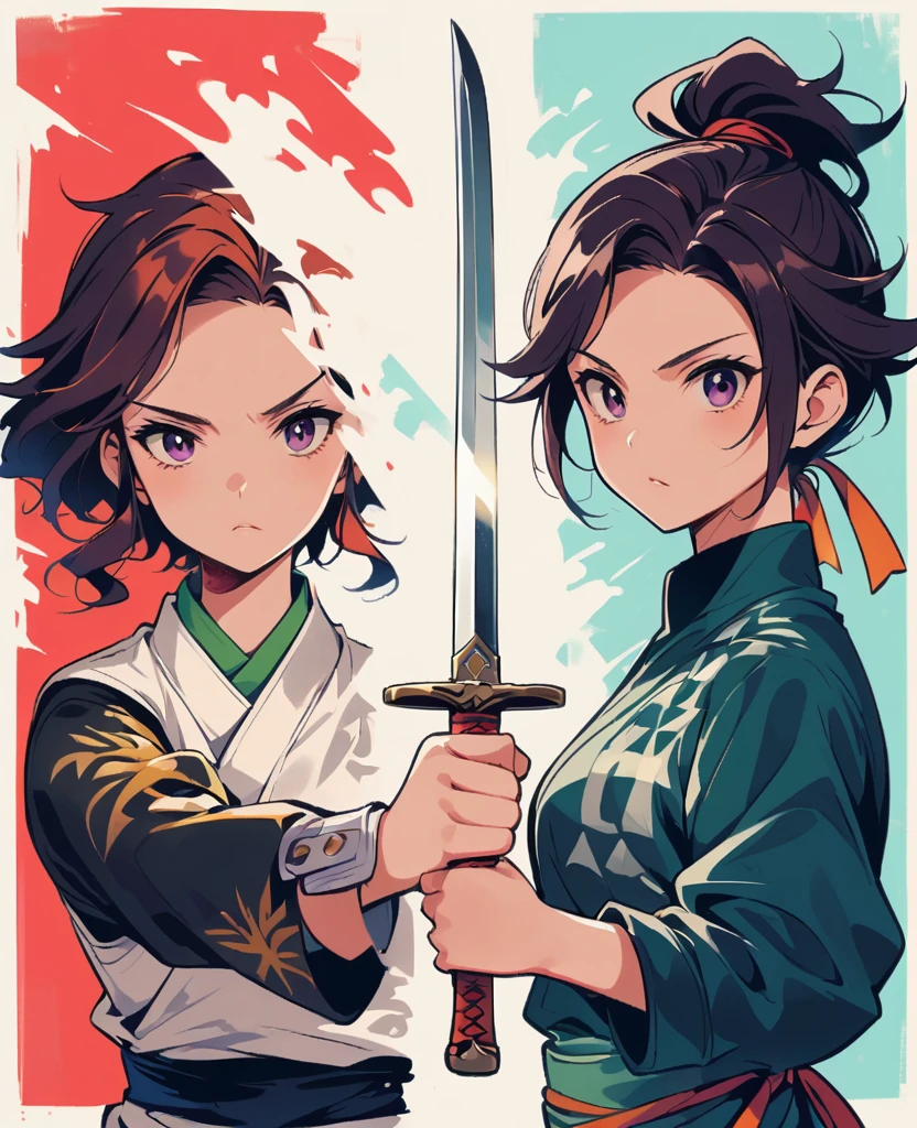 TANJIRO KAMADO，Sword in both hands，sword focus，cartoon，