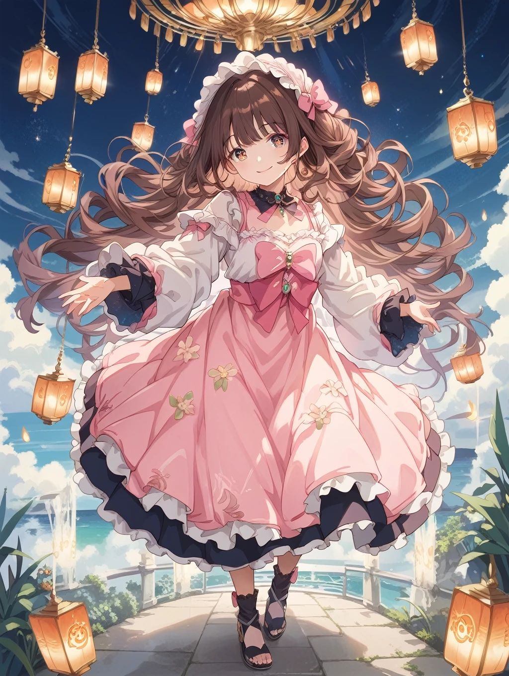 score_9, score_8_up, score_7_up, source_anime, masterpiece, best quality, high resolution, extremely detailed CG, absurdres, 1girl, solom a girl in European dream garden,full body,Sweet face,Light smile,By bangs, Gemstone eyes, Contre-Jour,Long curly hair, ta dress, brown hair, seen from the side, Lanterns, light particules, longer sleeves, looking at viewert,pink bows