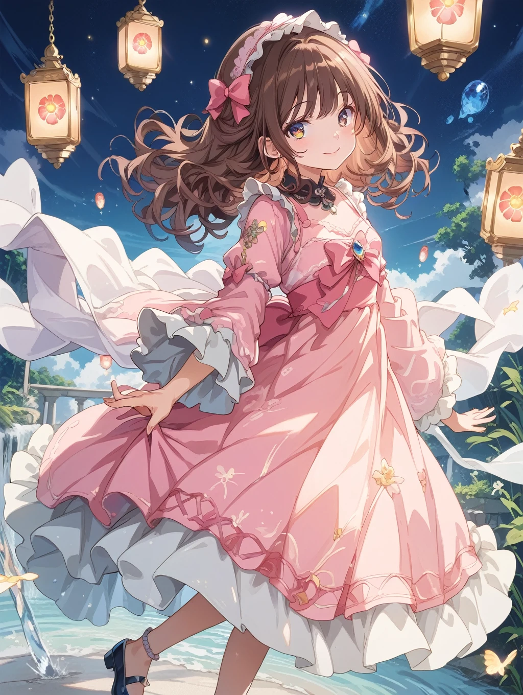 score_9, score_8_up, score_7_up, source_anime, masterpiece, best quality, high resolution, extremely detailed CG, absurdres, 1girl, solom a girl in European dream garden，full body，Sweet face，Light smile，By bangs, Gemstone eyes, Contre-Jour，Long curly hair, Lolita dress, brown  hair, seen from the side, Lanterns, light particules, longer sleeves, looking at viewert，pink bows