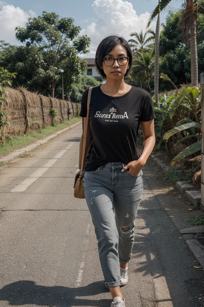 Indonesian woman, short hair, glasses, wearing a black t-shirt, jeans, gray shoes, carrying a bag, walking pose, sugar cane plantation background, detailed real effects