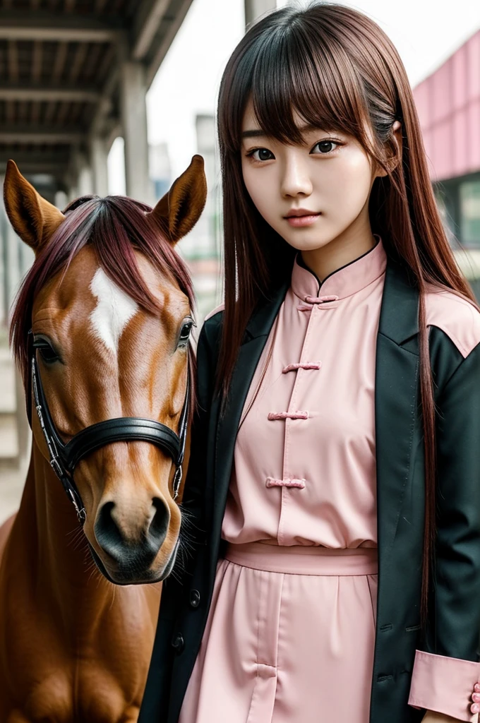 Chinese girl with pink horse parts and light chestnut parts, you have green eyes, his style is modern, he is young he is 18 years old, he is a k-pop star