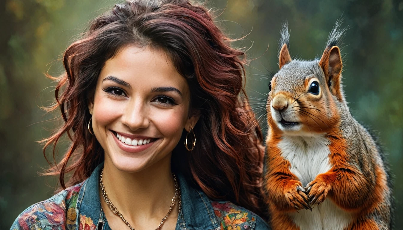 half  body,
a woman smile  with her best friend her squirrel,
dark complex background, style by Thomas Kinkade+David A. Hardy+Carne Griffiths+Mandy Disher half vivid colors fine art, best quality, high detailed, detailed faces, 2d,