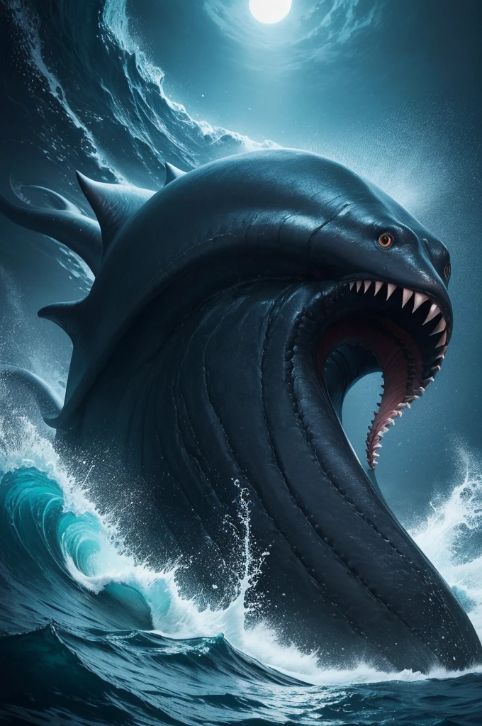 Creates the image of a deep, dark ocean with a giant sea creature