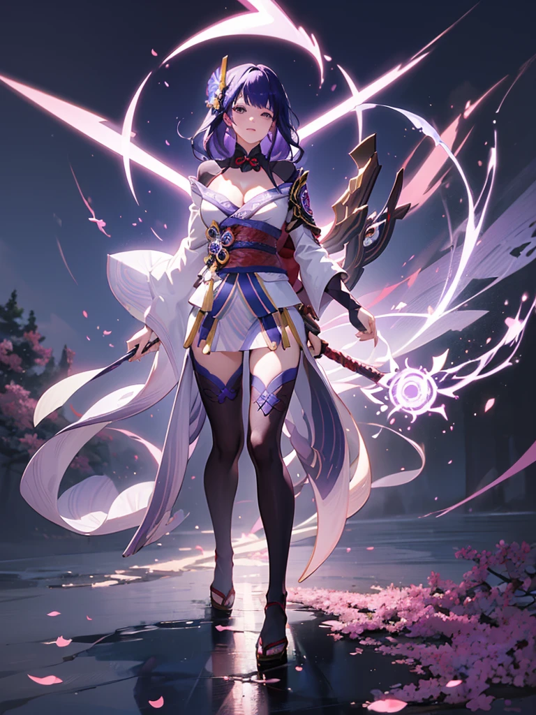 ((Full body image:1.4))Japanese Shrines, (Highest quality，Realistic,masterpiece:1.2，8k wallpaper:1.2)，((Pale skin))，One Girl，women only，((raidenshogndef))((Genshin Impact，General Raiden))，Lightning Particles，Purple Lightning，Light background，cherry blossoms，Purple Theme，Delicate facial features，Sexy and beautiful anime girls，General Raiden，Long purple hair，Rosy lips，Anime Mouth，(Very sad face)，large breasts, Beautiful cleavage,Slender figure、Thin legs
