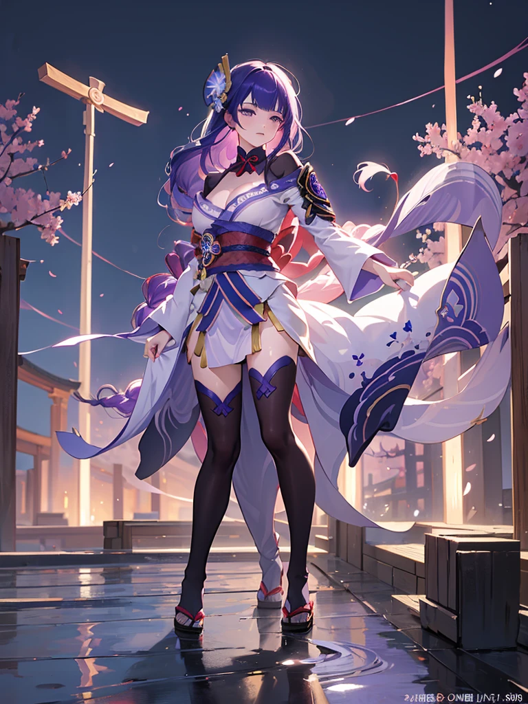 ((Full body image:1.4))Japanese Shrines, (Highest quality，Realistic,masterpiece:1.2，8k wallpaper:1.2)，((Pale skin))，One Girl，women only，((raidenshogndef))((Genshin Impact，General Raiden))，Lightning Particles，Purple Lightning，Light background，cherry blossoms，Purple Theme，Delicate facial features，Sexy and beautiful anime girls，General Raiden，Long purple hair，Rosy lips，Anime Mouth，(Very sad face)，large breasts, Beautiful cleavage,Slender figure、Thin legs
