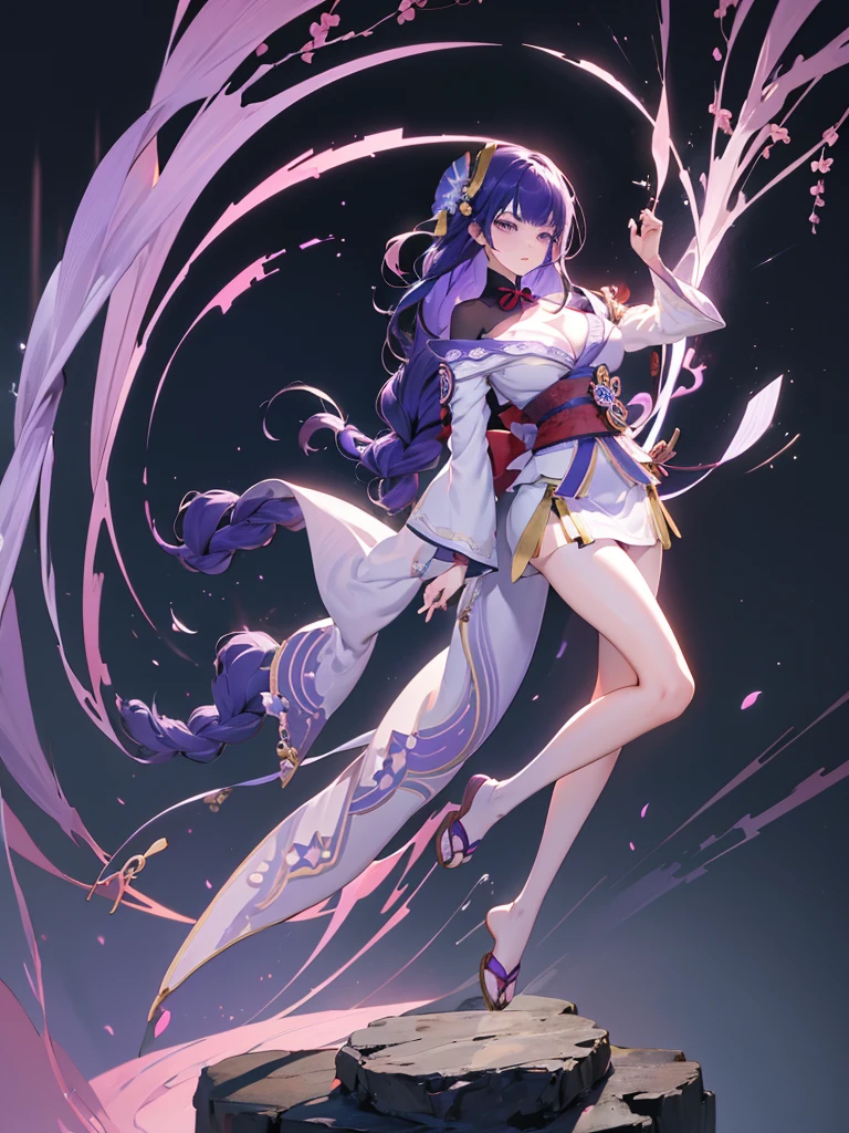 ((Full body image:1.4))Japanese Shrines, (Highest quality,Realistic,masterpiece:1.2,8k wallpaper:1.2),((Pale skin)),One Girl,women only,((raidenshogndef))((Genshin Impact,General Raiden)),Lightning Particles,Purple Lightning,Light background,cherry blossoms,Purple Theme,Delicate facial features,Sexy and beautiful anime girls,General Raiden,Long purple hair,Rosy lips,Anime Mouth,(Very sad face),large breasts, Beautiful cleavage,Slender figure、Thin legs