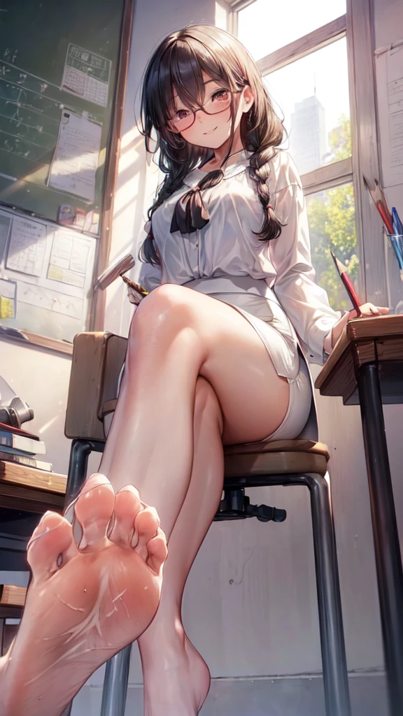 (Ultra-high resolution of the highest quality, masutepiece, Best Quality, 8K, Super Detail, Best Quality:1.3), (Anatomically correct:1.2), (1 elementary school female teacher:1.6), (large breasts:1.1), (drooping eyes:1.3), (blush cheek, blush body:1.3), (wavy hair, braid hair:1.2), (long hair:1.2), (black hair:1.2), (glasses:1.3), (white blouse, pencil skirt:1.7), (class room:1.1), front view, Extremely cute, (extremely detailed beautiful face), Authentic skin texture, beautiful hair, beautiful face, beautiful eyes, beautiful body, beautiful hands, (clothed:1.6), (aroused, naughty face, seductive smile:1.8), (hair over eyes:1.5), (looking down:1.3), (open mouth:1.2), (face focus:1.6), cleavage breasts focus, (legs focus:1.2), (from below:1.3), (Sit with legs crossed:1.6), (slouching forward:1.3), (sole of foot:1.6), (sole of foot focus:1.2)
