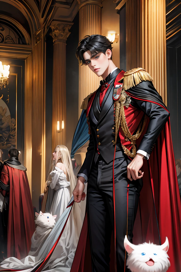 
masterpiece, 最high quality, high quality, 1 boy, alone, Male focus, Watching the audience,  Messy black hair, Adorable big blue eyes, White people, Noble, Noble,Sexy voluminous black and red cape、Tuxedo、A very voluminous, large, very large, very large, long, long red and black cape with a high stand-up collar, reaching down to the floor, made of a lot of fabric., 17 years old,Cute beautiful boys,Cute, cute, kind, handsome guy